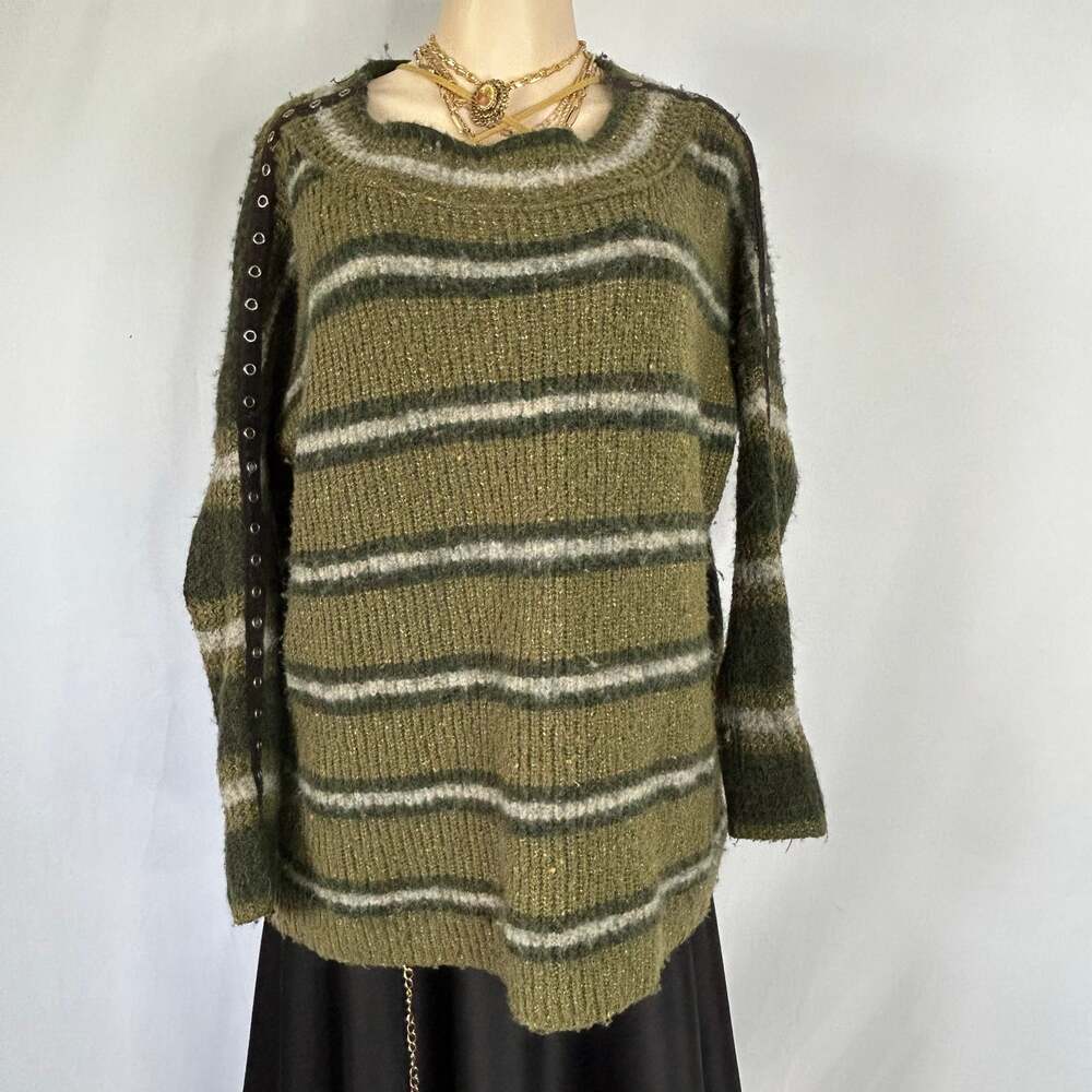 Free People Striped Fuzzy Sweater Green Alpaca Blend Stud Shoulder XS Boho